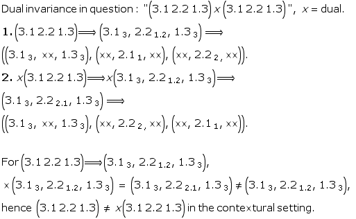 Dual invariance in question : "(3.1 2.2 1.3) x (3.1 2.2 1.3) ", x = dual . <br /> 1. ... A0; _ 3 ) , <br /> hence    (3.1 2.2 1.3) != x(3.1 2.2 1.3) in the contextural setting .