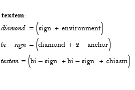  textem : <br /> diamond = (sign + environment)    <br /> bi - sign = (diamond + 2 - ... anchor) <br /> textem = (bi - sign    + bi - sign    + chiasm) . <br /> <br />